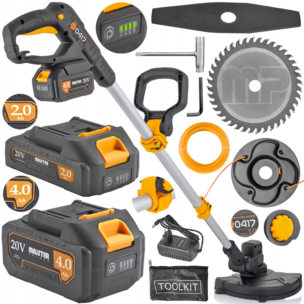 Zestaw elementów akumulatorowej podkaszarki ogrodowej: podkaszarka, dwa akumulatory, ładowarka, głowica żyłkowa, ostrze tnące, żyłka tnąca, osłona ostrza/żyłki, rękojeść, elementy montażowe.